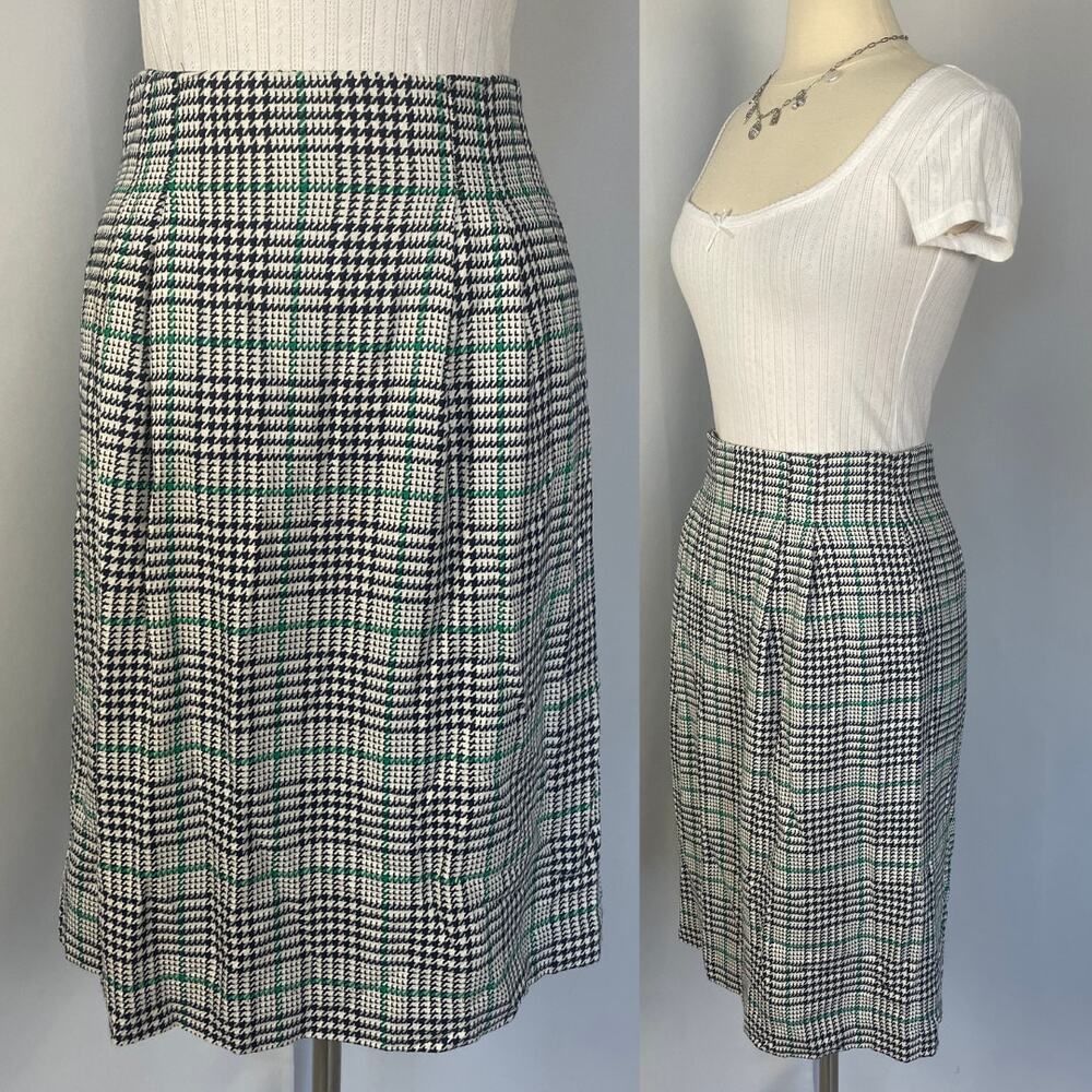 Vintage Midi Skirt Size 12 Black White Green Houndstooth Preppy Academia 80s 90s - Picture 16 of 16
